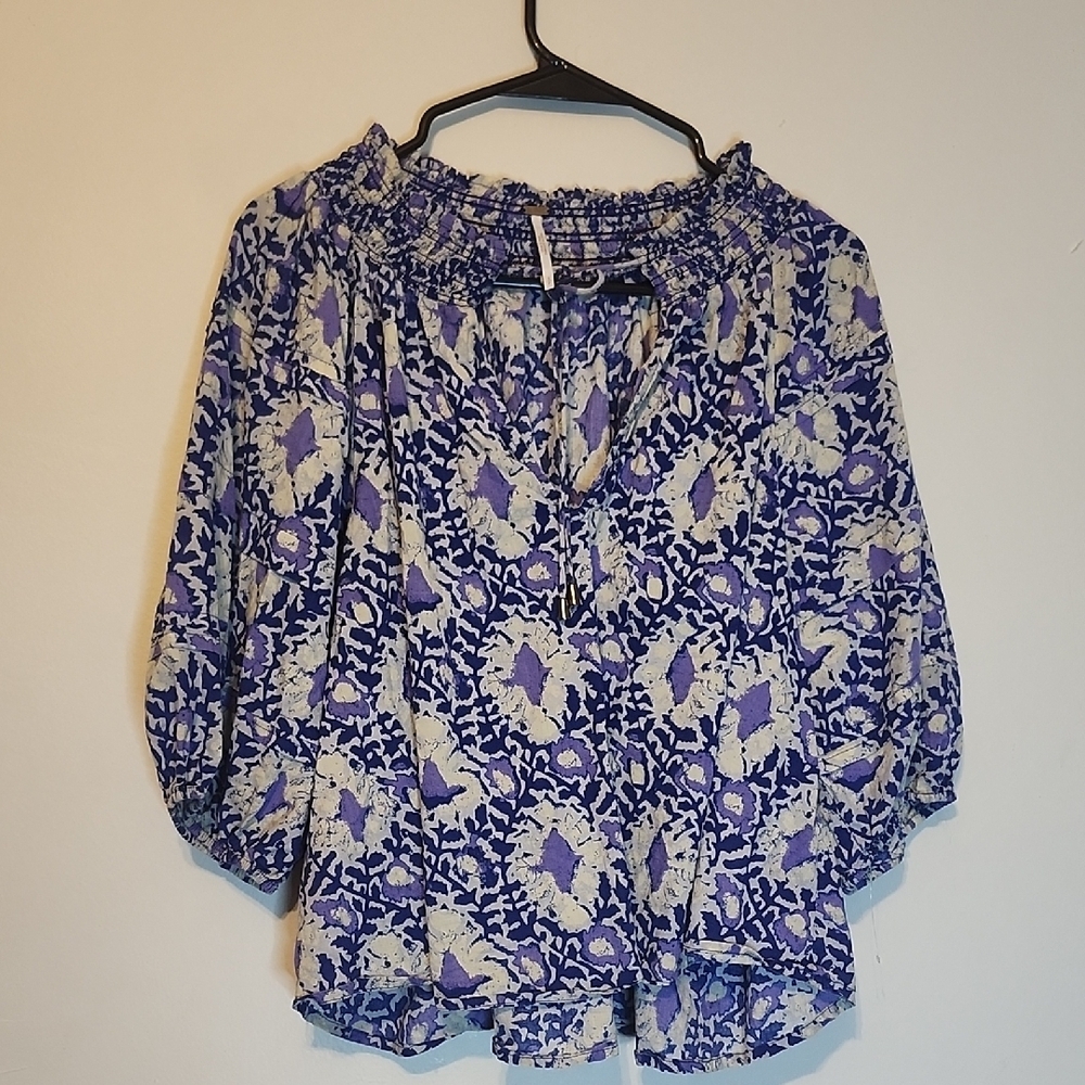 Free People Blue and Cream Floral Blouse - Picture 1 of 13